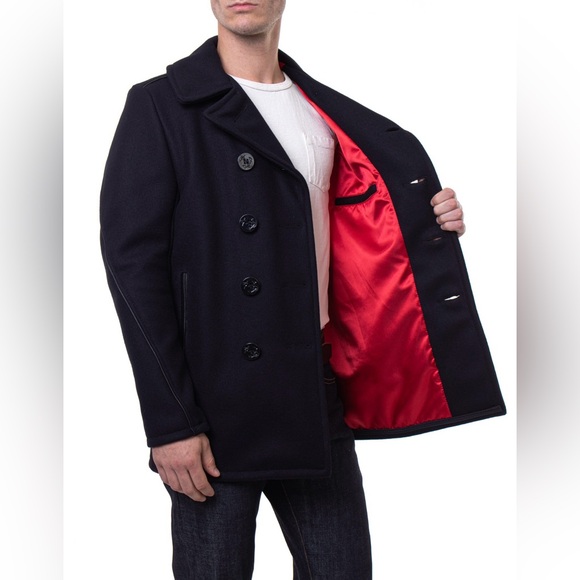 Schott Wool With Leather Trim Black Nautical Peacoat - Picture 3 of 14